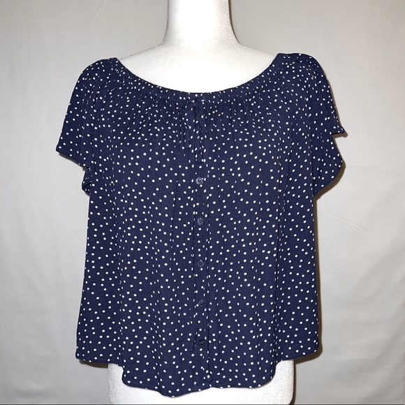 Express Off the Shoulder Blouse -Navy Blue with White Polka Dots Size: Medium - Picture 1 of 9